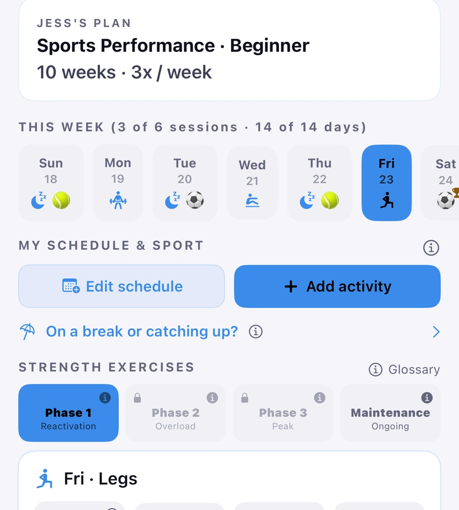 The Plan tab: Jess’s plan, Sports Performance, Beginner, 10 weeks, 3 times a week; this week’s strip with Friday selected; Edit schedule and Add activity; the strength phases with Phase 1 Reactivation selected; Friday, Legs.