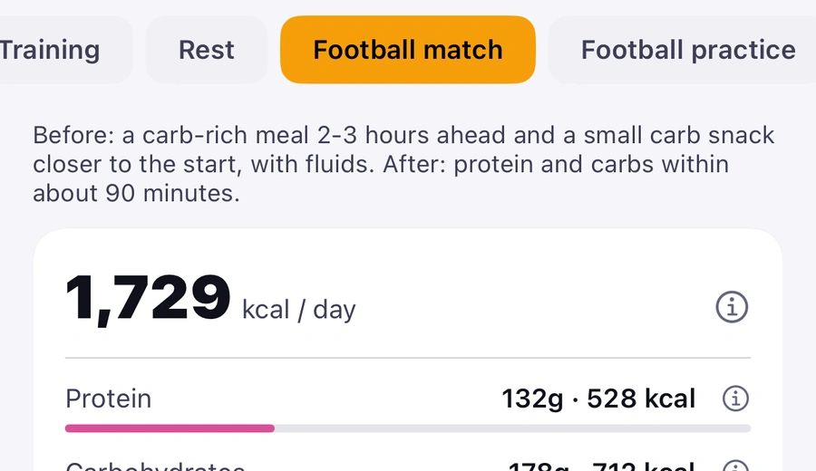 The Nutrition tab, Football match: match-day advice, 1,729 kcal a day, protein 132 g, carbohydrates 178 g.