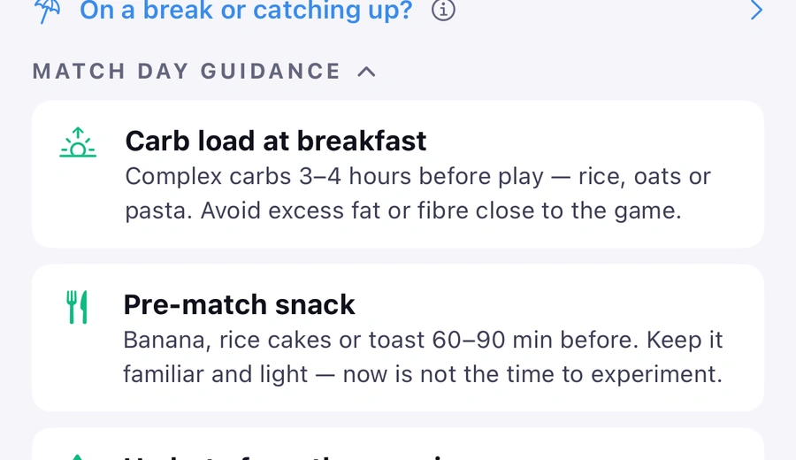 Match day guidance on the Plan tab: carb load at breakfast, a pre-match snack, hydrate from the morning.