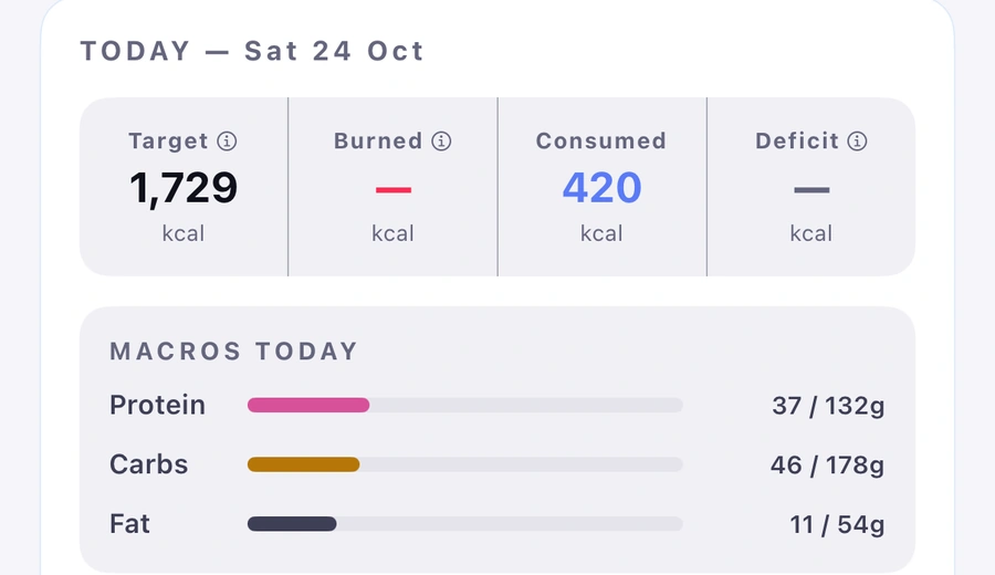 The Tracker, today, Saturday 24 October: target 1,729 kcal, 420 kcal consumed, burn and deficit still to come; macros today, protein 37 of 132 g, carbs 46 of 178 g, fat 11 of 54 g.