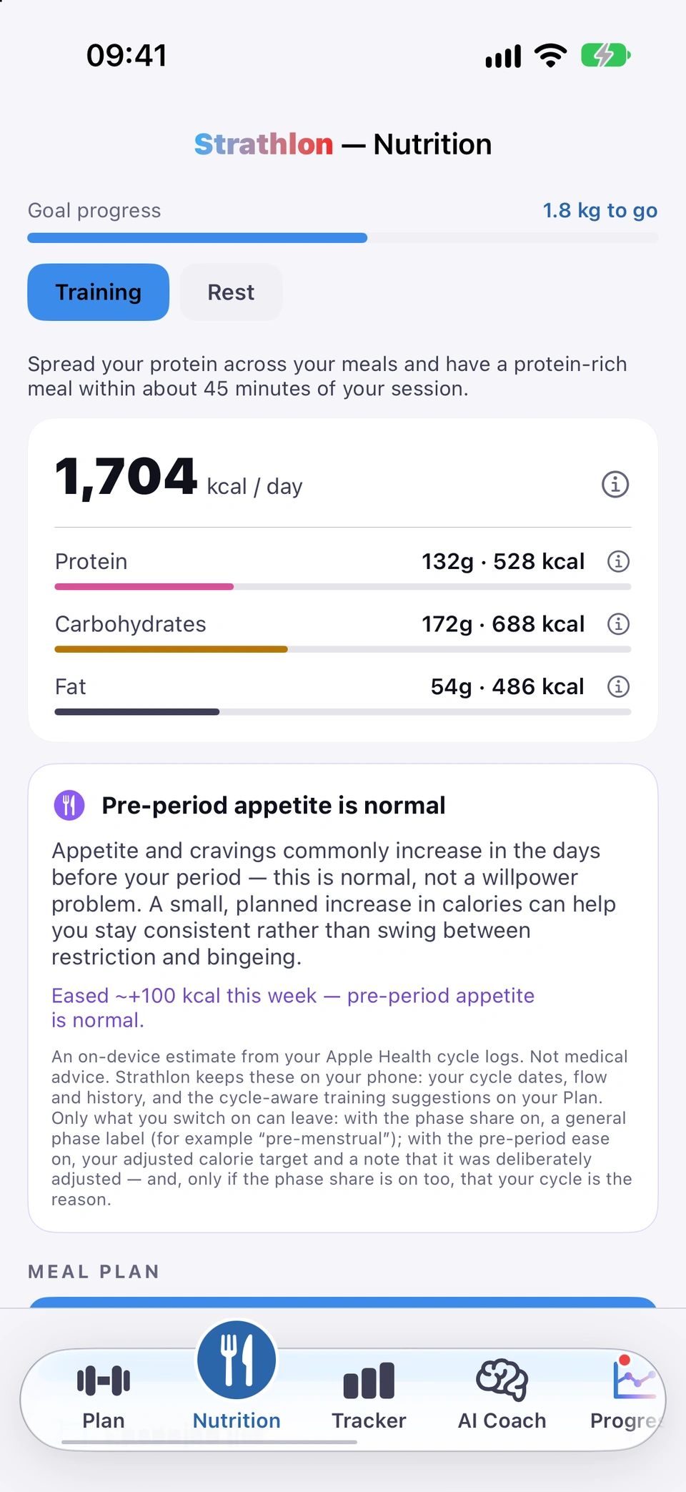 Strathlon Nutrition tab with the pre-period ease switched on: 1,704 kcal a day, with protein 132 g, carbohydrates 172 g and fat 54 g. A card, Pre-period appetite is normal, says appetite and cravings commonly increase in the days before a period, and a line in purple reads, Eased about 100 kcal this week, pre-period appetite is normal. A small note under it says what can leave your phone, only what you switch on.