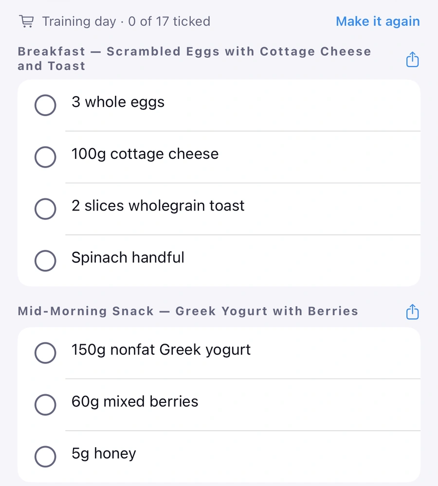 The Shopping list screen, Training day · 0 of 17 ticked, with a Make it again button: Breakfast, Scrambled Eggs with Cottage Cheese and Toast: 3 whole eggs, 100g cottage cheese, 2 slices wholegrain toast, spinach handful; Mid-Morning Snack, Greek Yogurt with Berries: 150g nonfat Greek yogurt, 60g mixed berries, 5g honey; every item has an empty tick circle.
