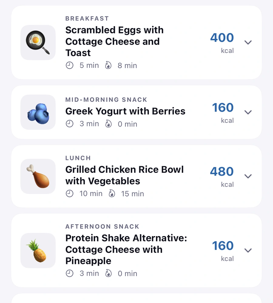 The meal plan in the Nutrition tab: Breakfast, Scrambled Eggs with Cottage Cheese and Toast, 400 kcal, 5 min and 8 min; Mid-morning snack, Greek Yogurt with Berries, 160 kcal, 3 min and 0 min; Lunch, Grilled Chicken Rice Bowl with Vegetables, 480 kcal, 10 min and 15 min; Afternoon snack, Protein Shake Alternative: Cottage Cheese with Pineapple, 160 kcal, 3 min and 0 min.