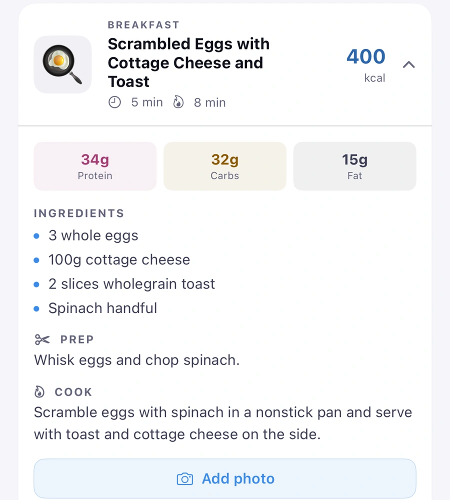 A meal opened in the Nutrition tab’s meal plan: Breakfast, Scrambled Eggs with Cottage Cheese and Toast, 400 kcal; 34g Protein, 32g Carbs, 15g Fat; Ingredients: 3 whole eggs, 100g cottage cheese, 2 slices wholegrain toast, spinach handful; Prep: whisk eggs and chop spinach; Cook: scramble eggs with spinach in a nonstick pan and serve with toast and cottage cheese on the side; an Add photo button.