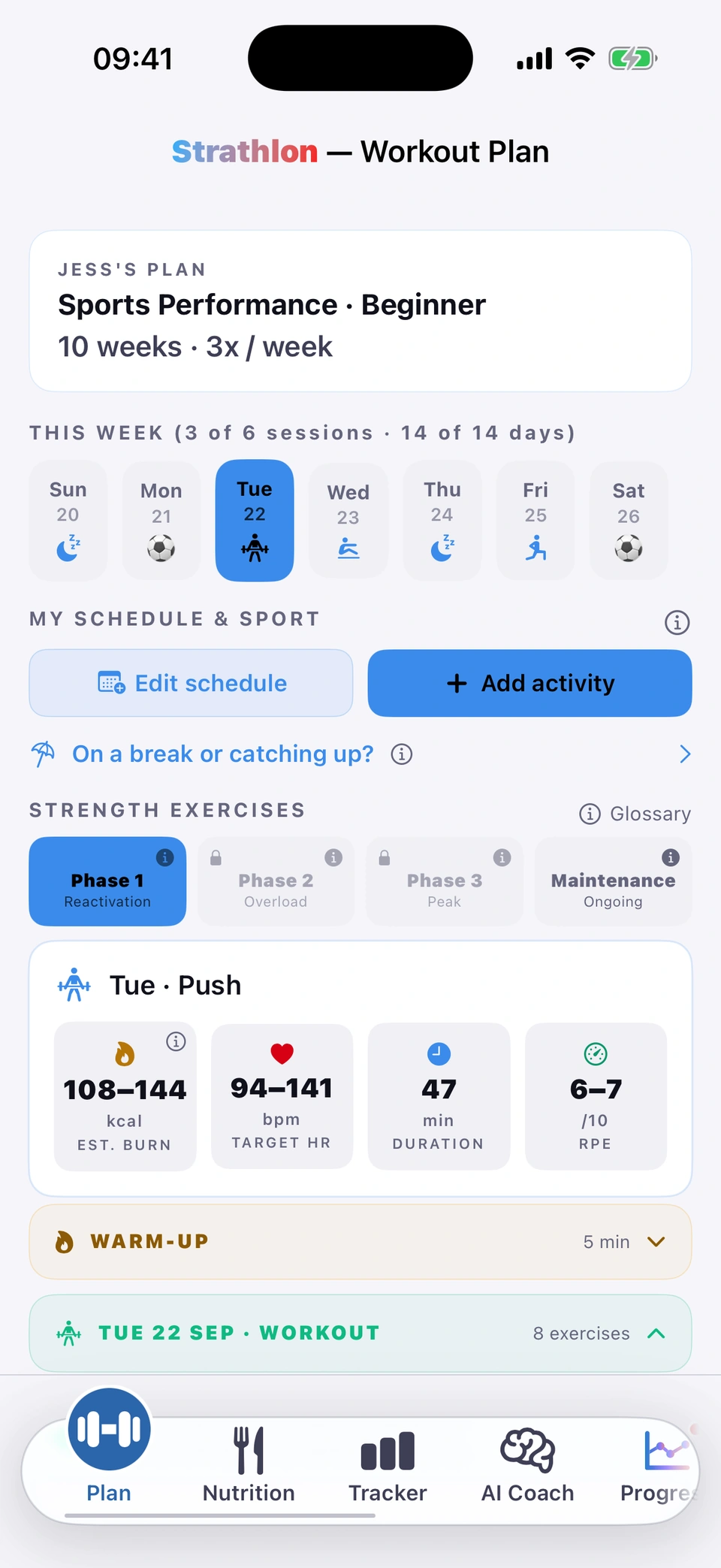 Strathlon Plan tab for a football player, scrolled from top to bottom: Jess's plan, Sports Performance, Beginner, 10 weeks, 3 times a week; this week's strip with football on Monday and Saturday around gym sessions on Tuesday, Wednesday and Friday; Tuesday's Push session with an estimated burn of 108 to 144 kcal, target heart rate 94 to 141 bpm, 47 minutes and RPE 6 to 7; Incline Dumbbell Press, Cable Crossover, Dumbbell Shoulder Press, Weighted Dip, Cable Lateral Raise and Tricep Rope Pushdown; then Football, sport work: Copenhagen Plank; and a Glute Bridge March core finisher.