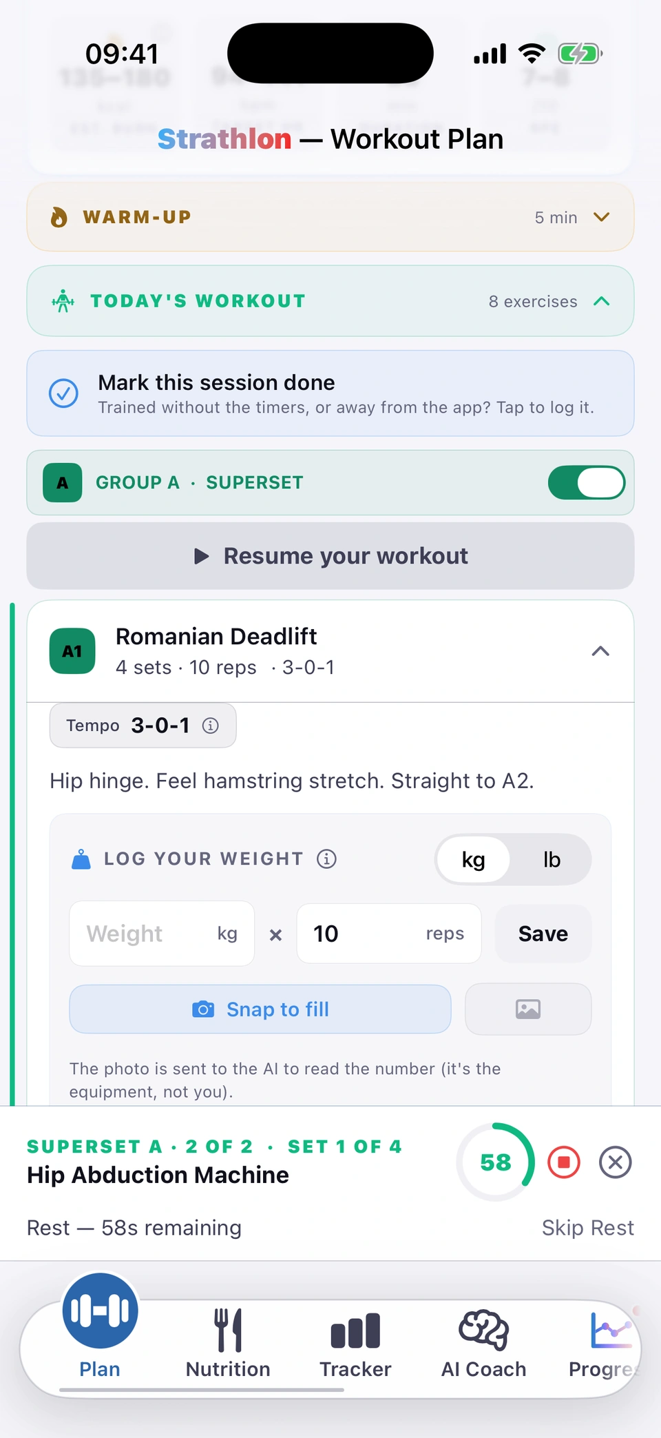 Strathlon on iPhone during a rest in a superset: Group A superset with Romanian Deadlift open, its tempo 3-0-1 and weight logging with Snap to fill; the rest bar reads Superset A, 2 of 2, set 1 of 4, Hip Abduction Machine, 58 seconds of rest remaining, with Skip Rest.