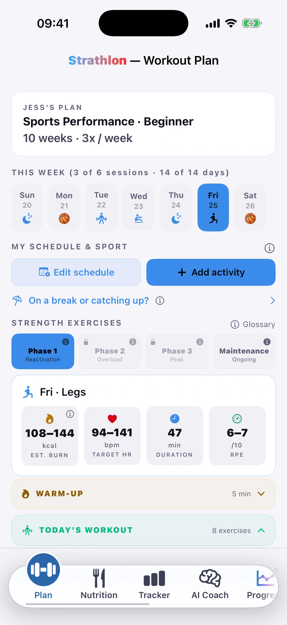 Strathlon Plan tab for a basketball player, scrolled from top to bottom: Jess's plan, Sports Performance, Beginner, 3 times a week; this week's strip with basketball on Monday and Saturday; Friday's Legs session, estimated burn 108 to 144 kcal; Barbell Back Squat, Romanian Deadlift, Barbell Hip Thrust and Leg Extension; then Basketball, sport work: Standing Calf Raise, 3 sets of 15, and Step-Down, 3 sets of 10 a side; and a core finisher.