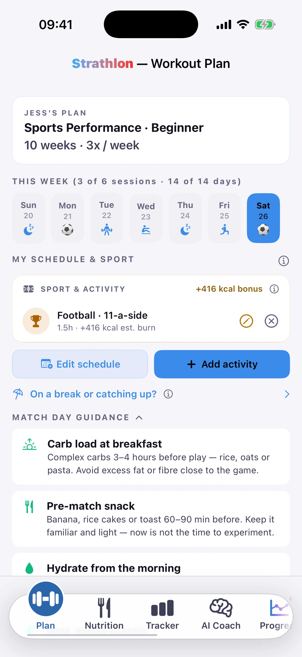 Strathlon Plan tab for a football player on match day, Saturday selected, then the Nutrition tab for that match day: Jess's plan, Sports Performance, Beginner; Saturday's Football 11-a-side with a +416 kcal bonus; Match Day Guidance: carb load at breakfast, a pre-match snack, hydrate from the morning, post-match protein and prioritise sleep tonight. Then Nutrition, Match Day: 2,223 kcal with protein 132 g, carbohydrates 302 g and fat 54 g, a line saying today's food is filed under the Rest tab, Generate Match Meal Plan, and match-day supplements: caffeine before the match, electrolytes before and during, creatine for players who already take it, whey protein after the match and tart cherry juice.